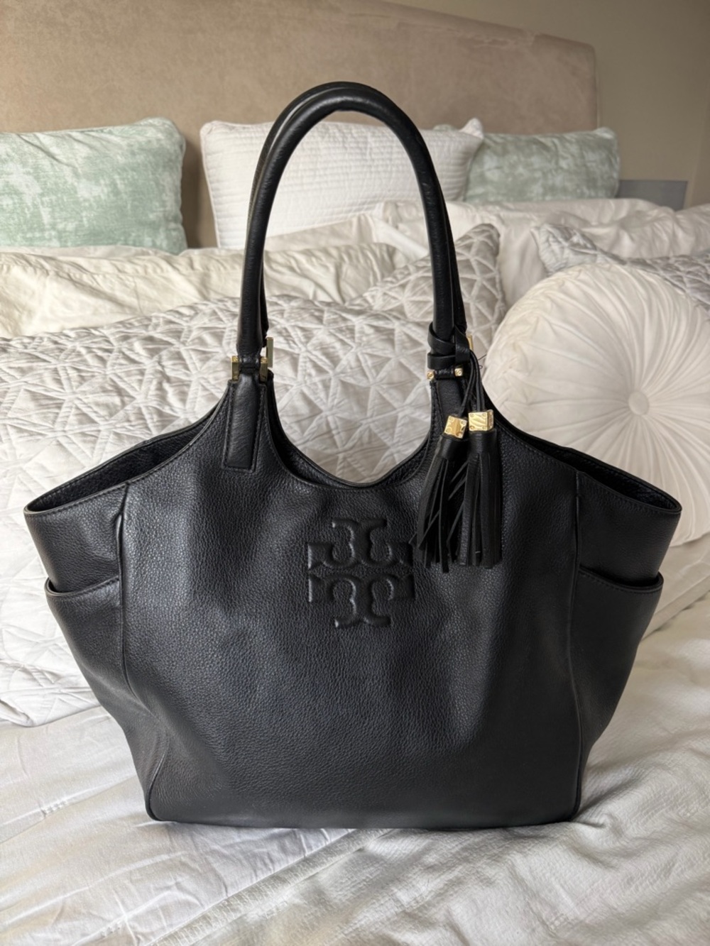 Tory Burch THEA Black Leather Tote with Tassel